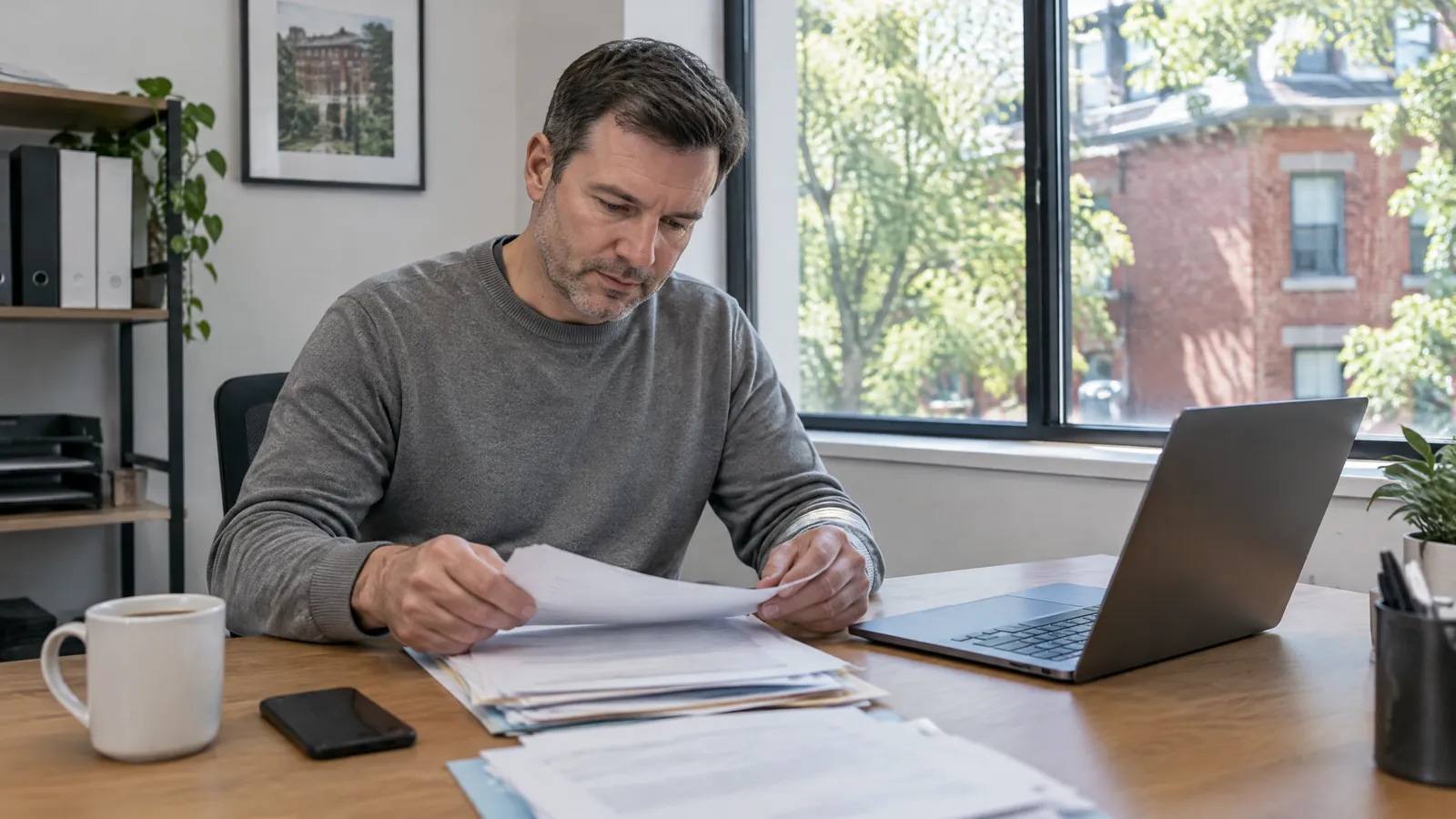 A property manager sorts trade invoices and insurance certificates beside a laptop in an office