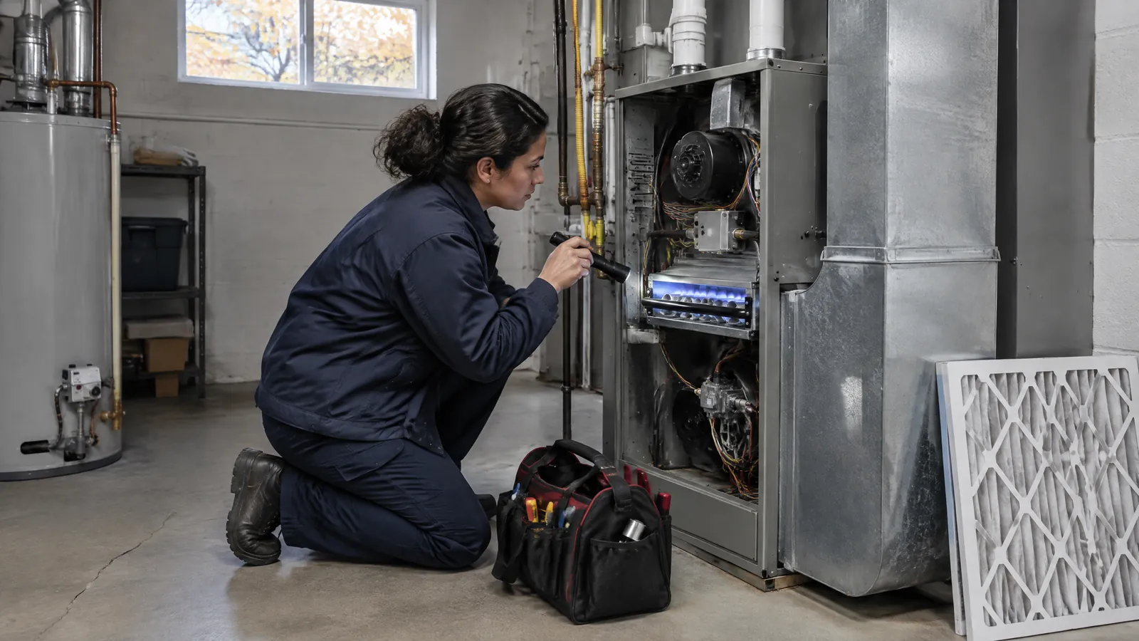 A heating technician checks the burner of an open gas furnace in a rental house basement