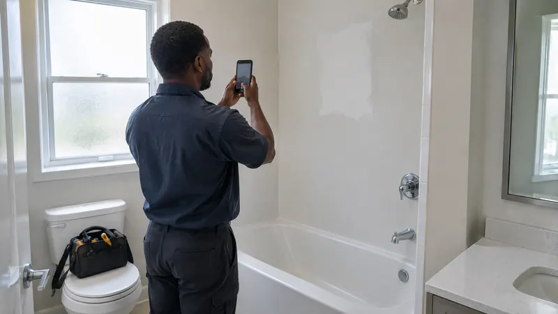 A technician photographs a freshly patched bathroom wall with a phone for the job record