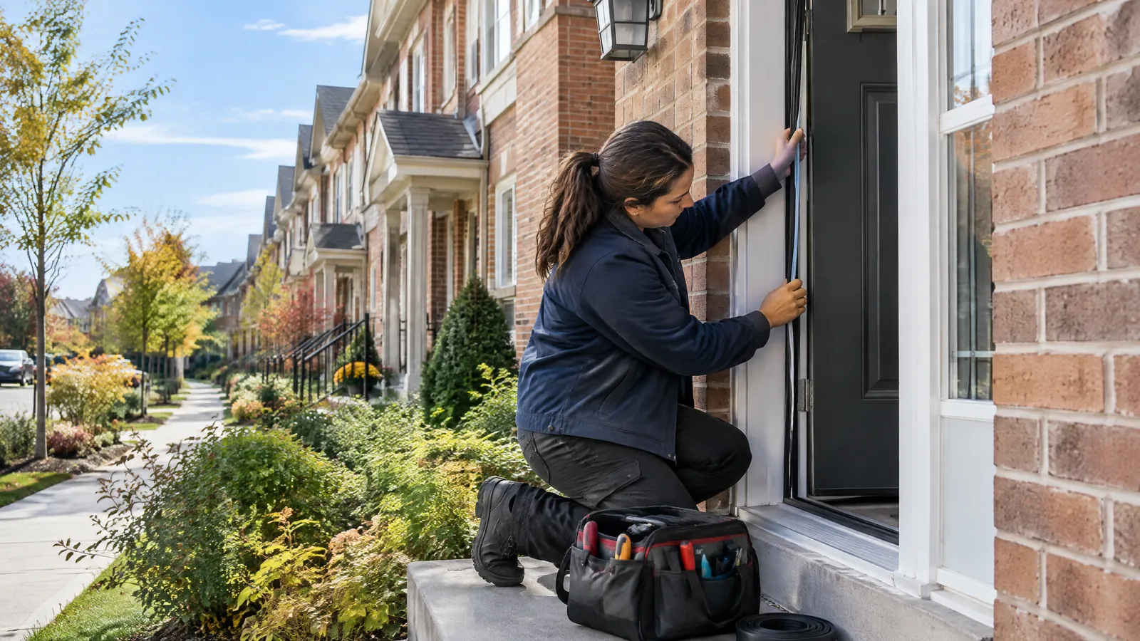 A maintenance technician replaces a front door weatherstrip in a townhouse complex in Ajax