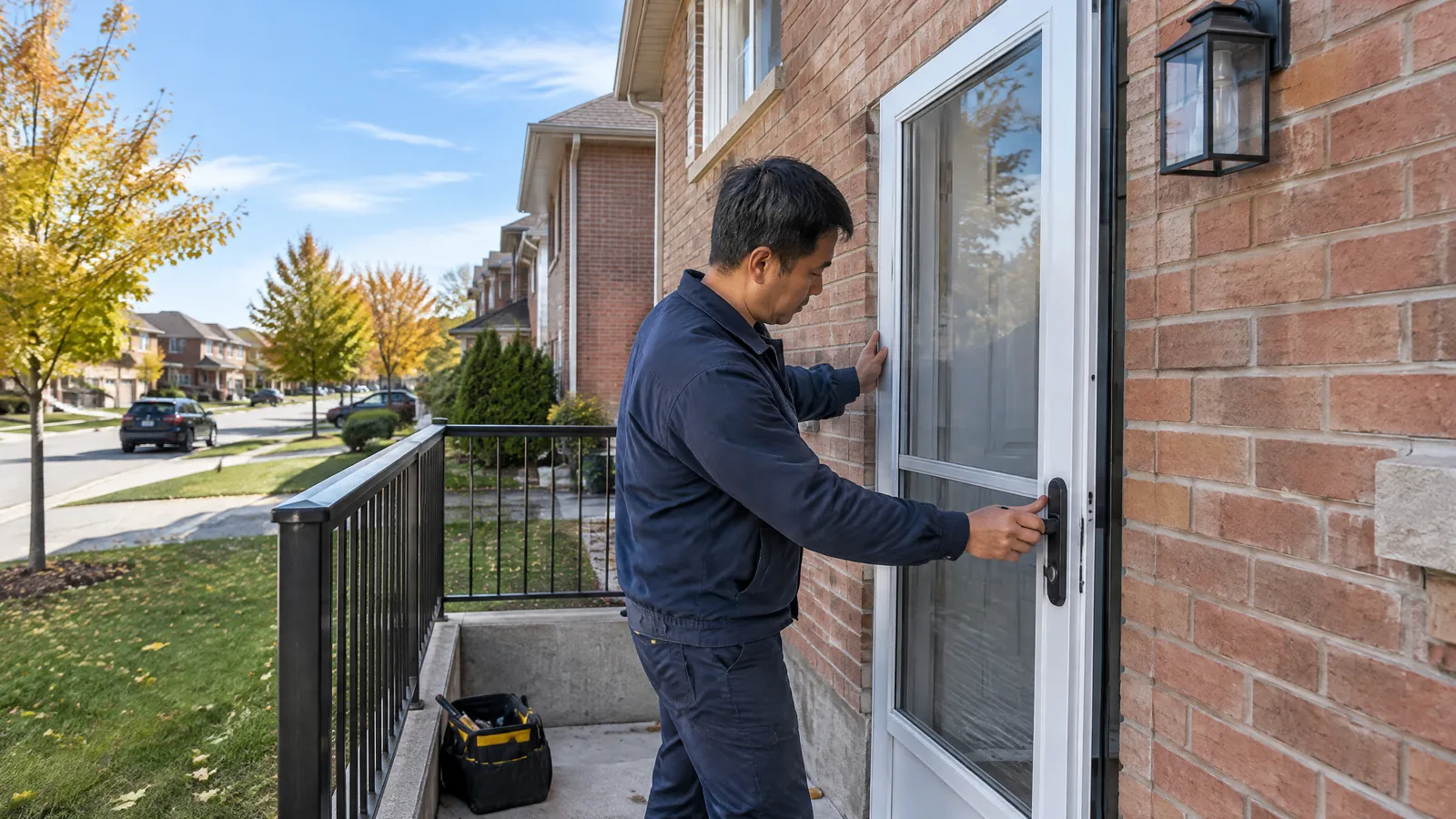 A maintenance technician fits a new storm door at the side entrance to a basement apartment in Brampton
