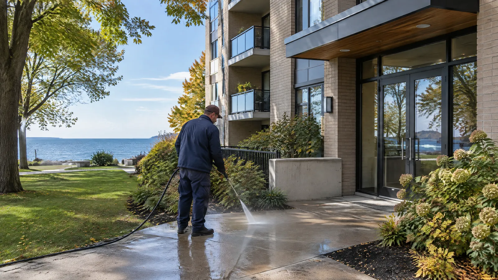 A maintenance technician power washes the entrance walk of an apartment building near the Burlington lakeshore