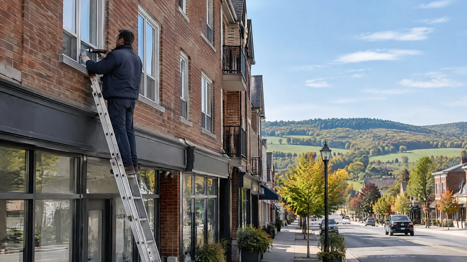 A maintenance technician on a ladder recaulks a window above the shops on the main street of Bolton in Caledon
