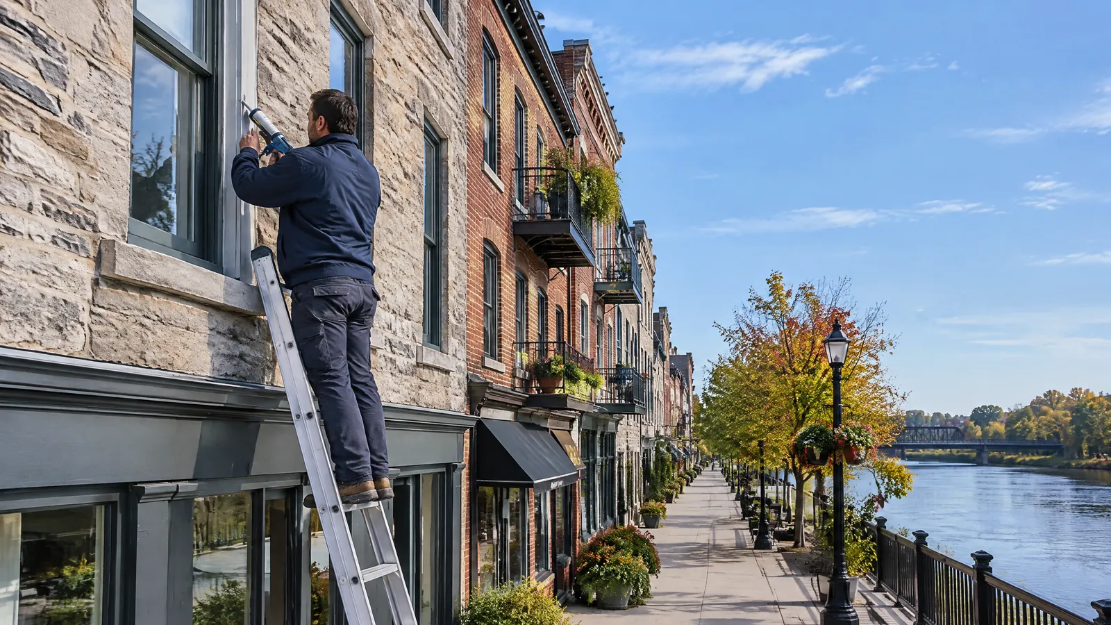 A maintenance technician on a ladder reseals a window in the stone buildings by the Grand River in Cambridge