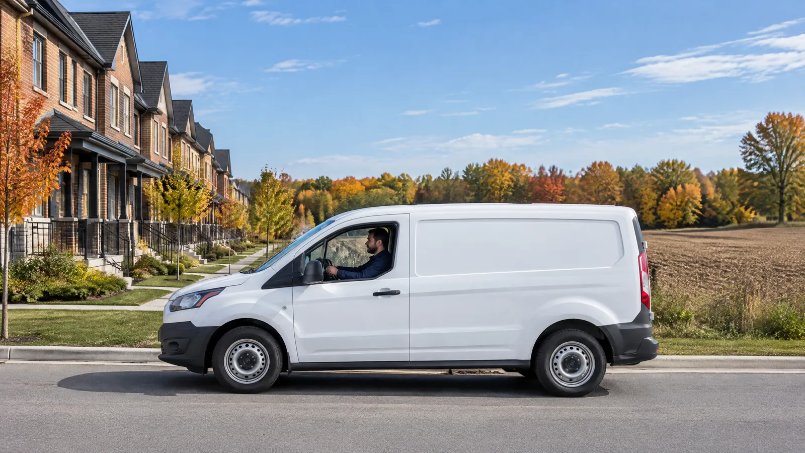 A plain white work van drives past new townhouses at the edge of farm fields in Durham Region