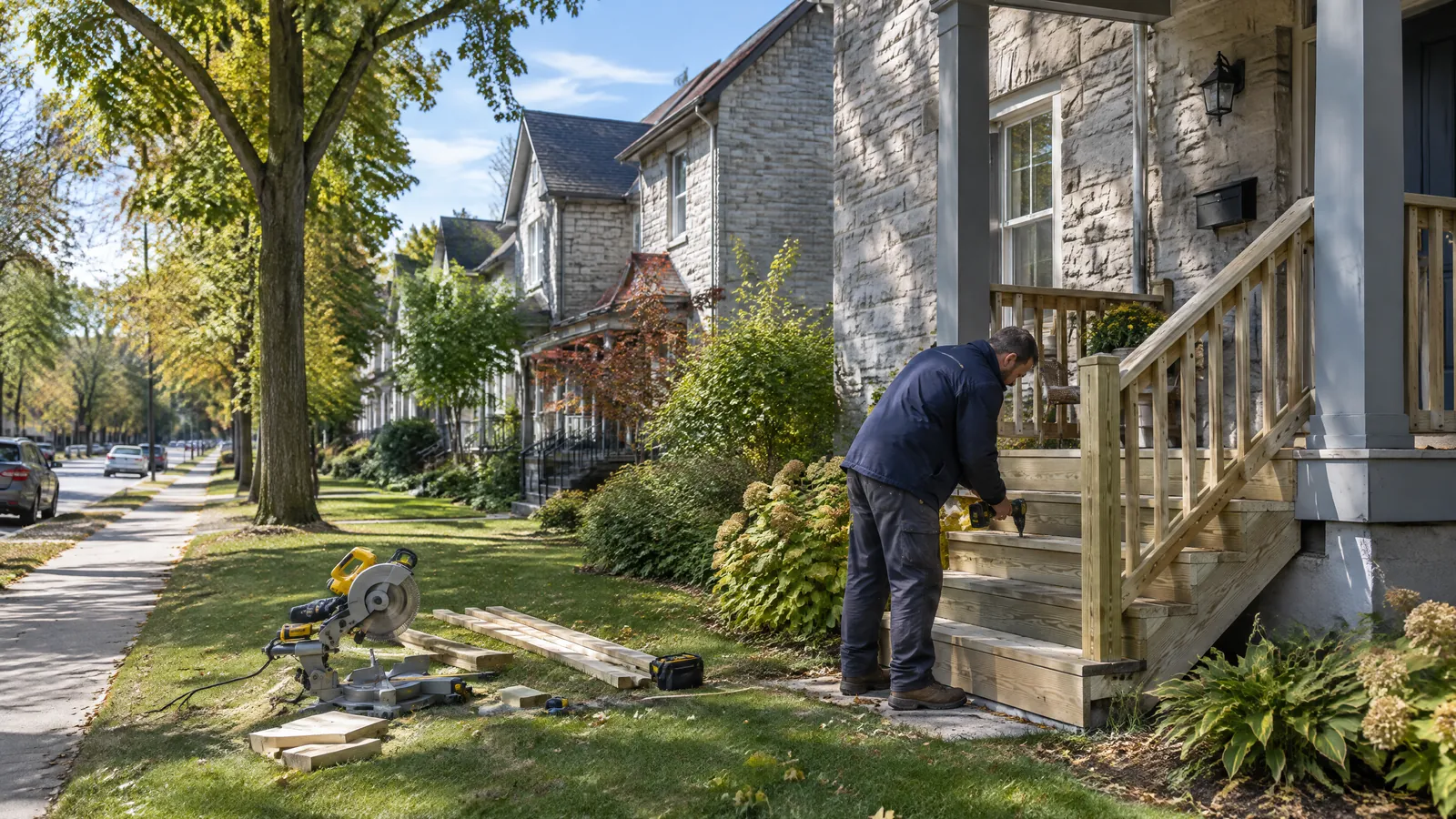 A maintenance technician rebuilds the front steps of a limestone house split into rental units in Guelph