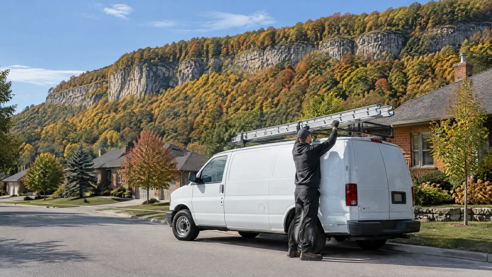 A technician loads a ladder onto a work van on a residential street below the Niagara Escarpment in Halton Region