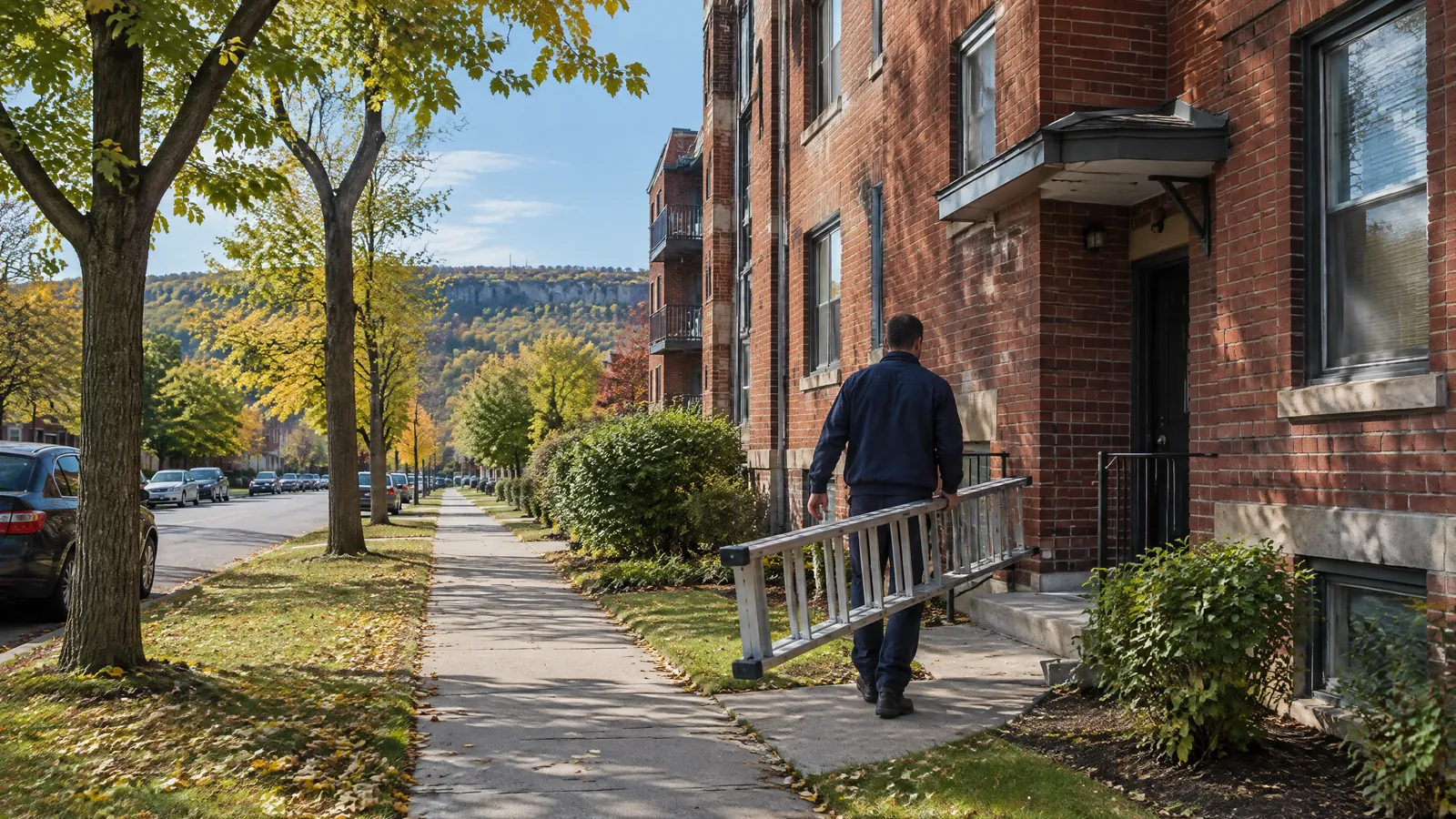 A maintenance technician carries a ladder to a red brick walk up apartment building in Hamilton, the escarpment in the distance