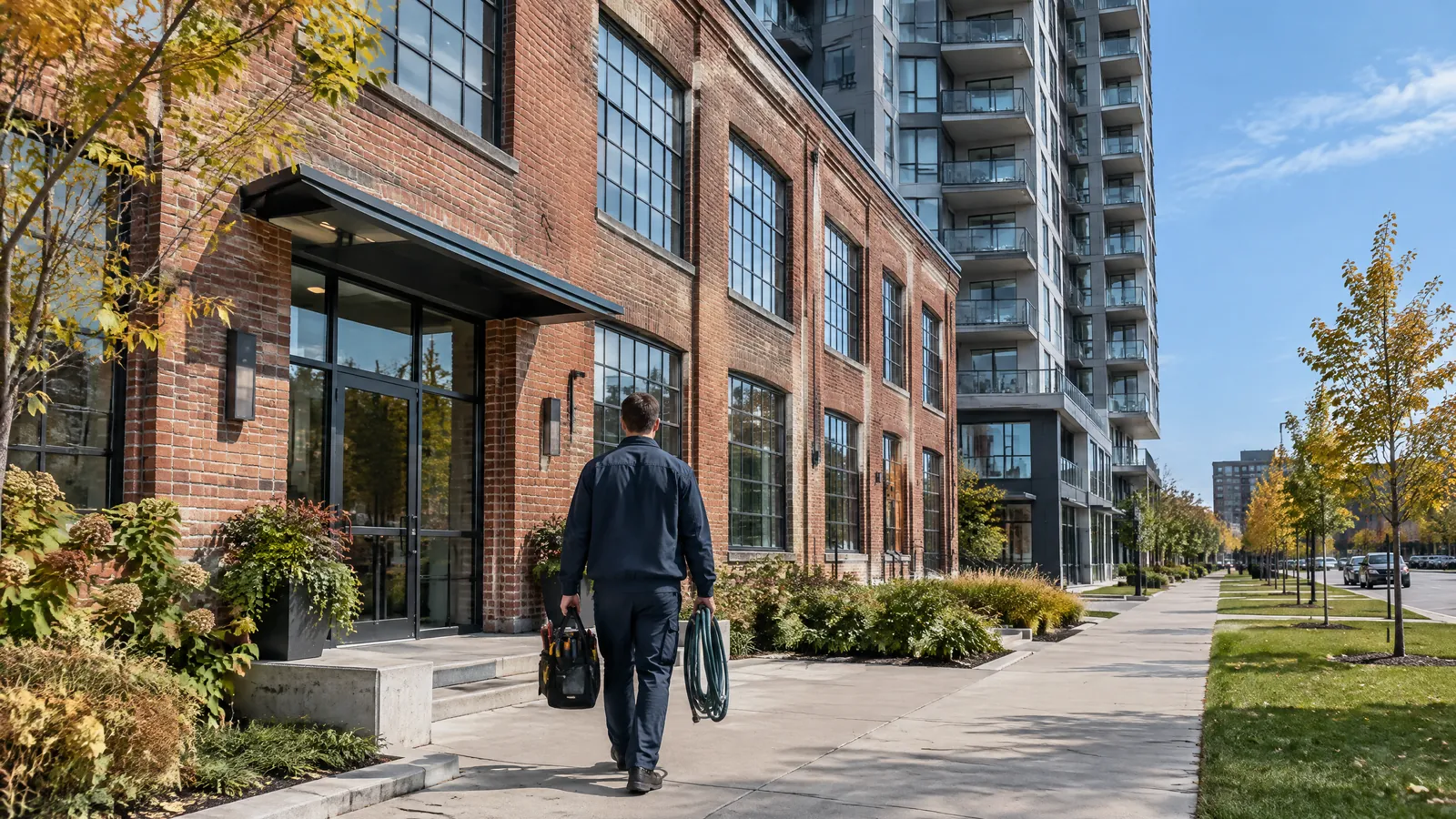 A maintenance technician walks into a converted brick factory loft building in downtown Kitchener