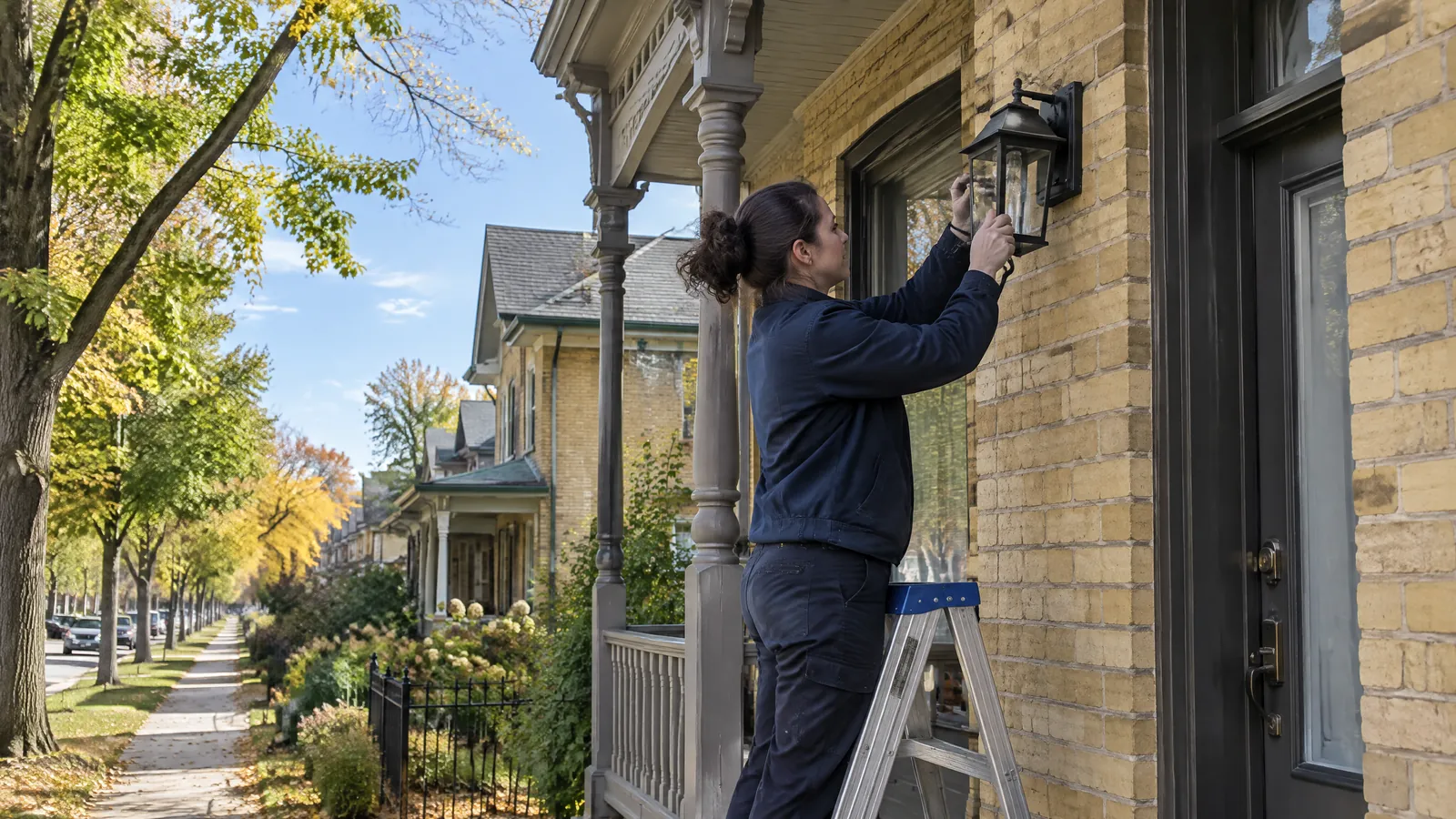 A maintenance technician replaces a porch light on a yellow brick house converted to apartments in London, Ontario