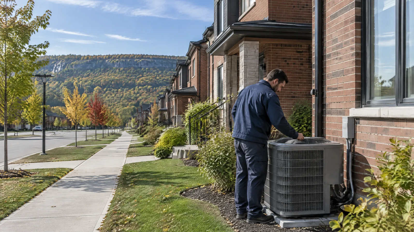 A maintenance technician checks the air conditioner at a rented townhouse in Milton, the escarpment behind