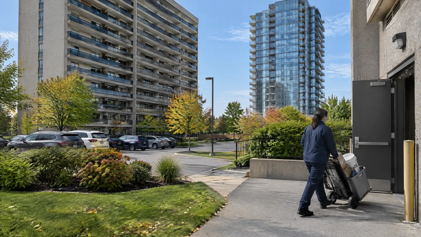 A maintenance technician rolls supplies to the service door of a rental apartment tower in Mississauga