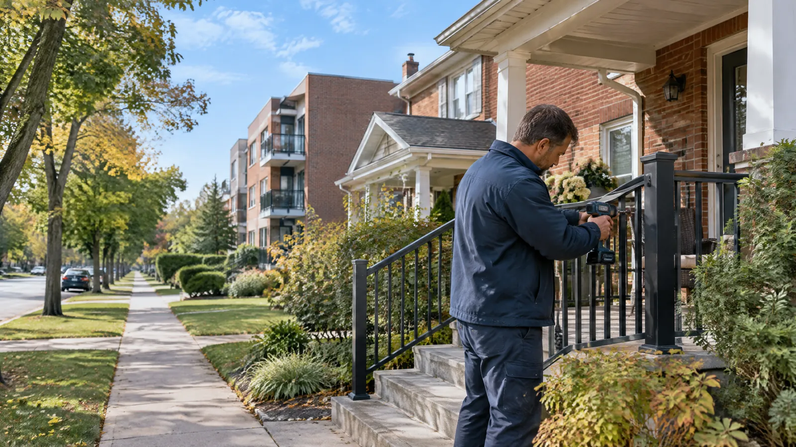 A maintenance technician repairs a front porch railing on a tree lined street in Newmarket