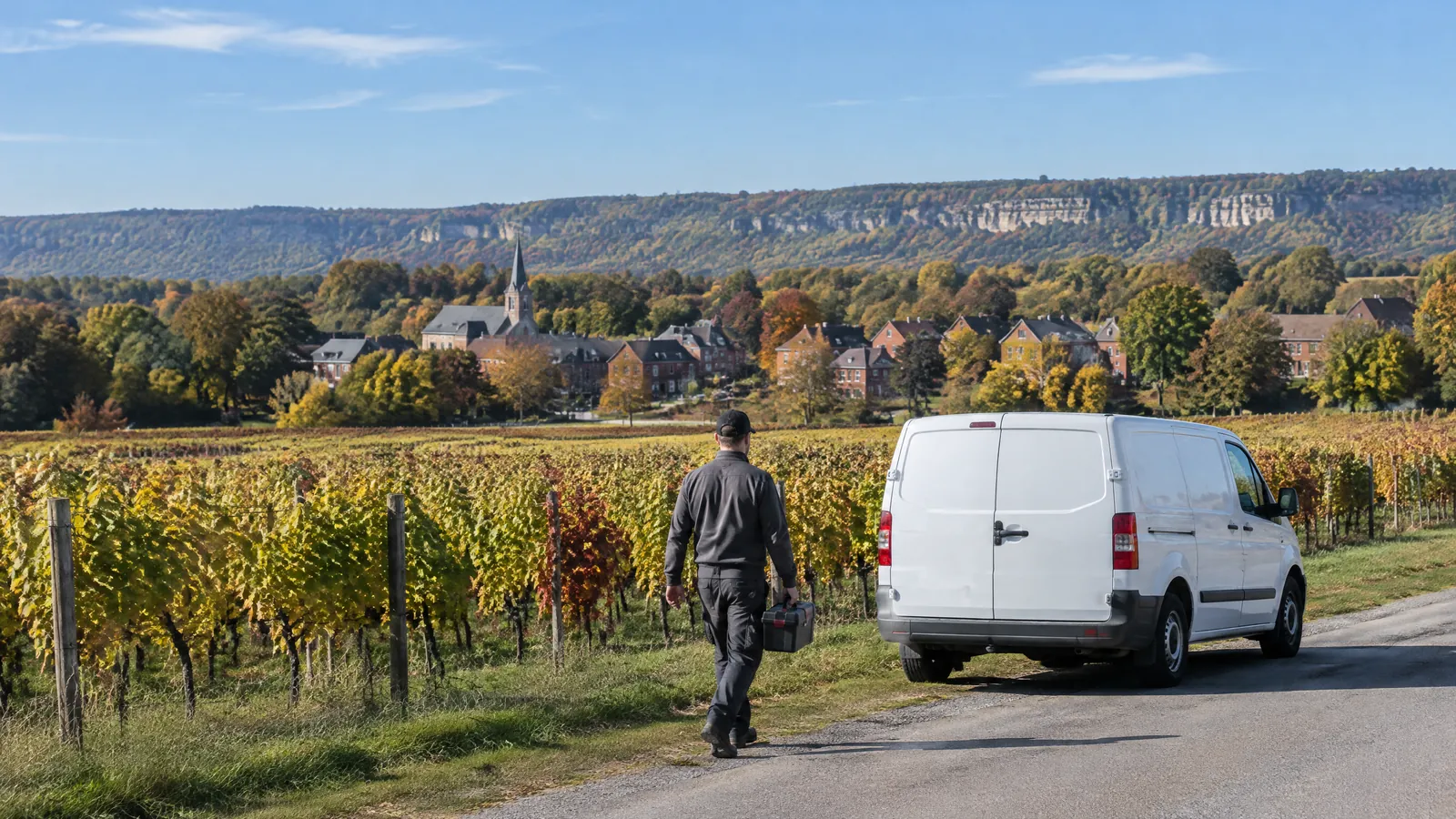 A technician walks back to a work van beside the autumn vineyards of Niagara Region