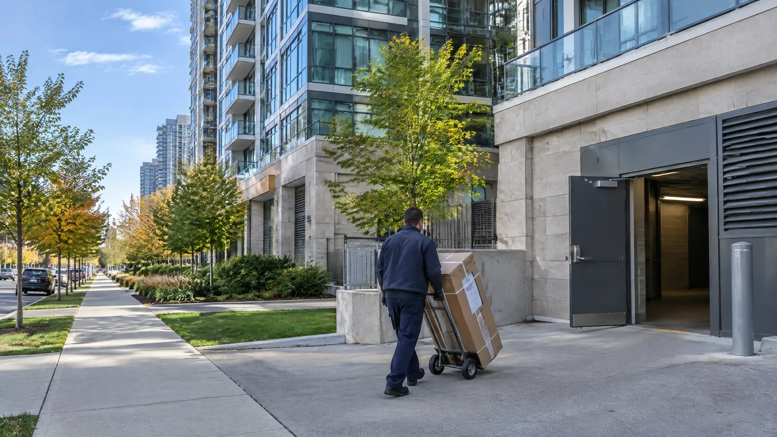 A maintenance technician wheels a boxed water heater to the service entrance of a condo tower in North York, Toronto