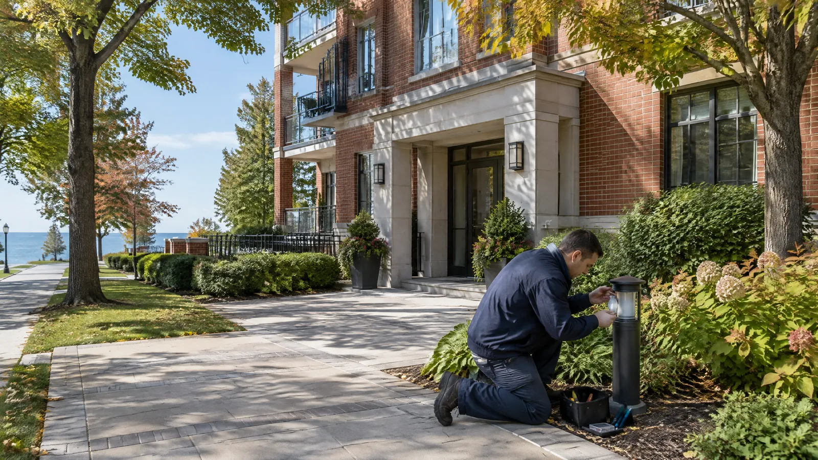 A maintenance technician replaces a walkway light at a low rise brick condominium in downtown Oakville