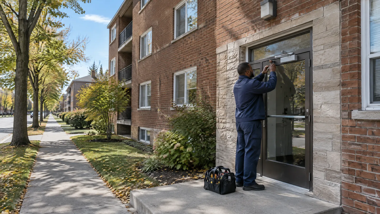 A maintenance technician adjusts the entrance door closer of a brick walk up apartment building in Oshawa