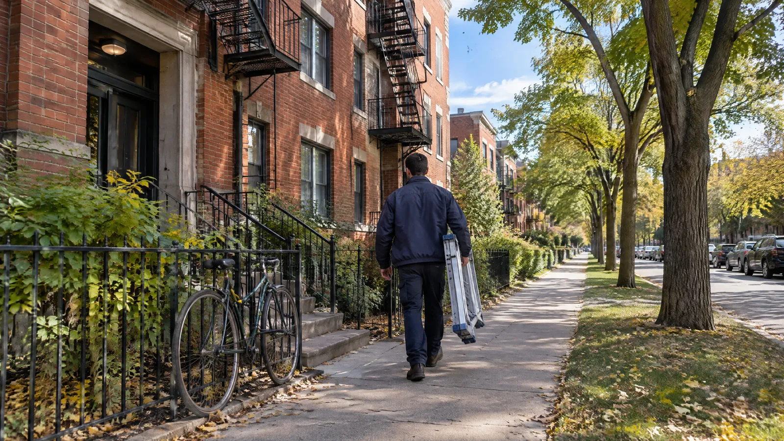 A maintenance technician carries a ladder to a red brick low rise apartment building in Centretown, Ottawa