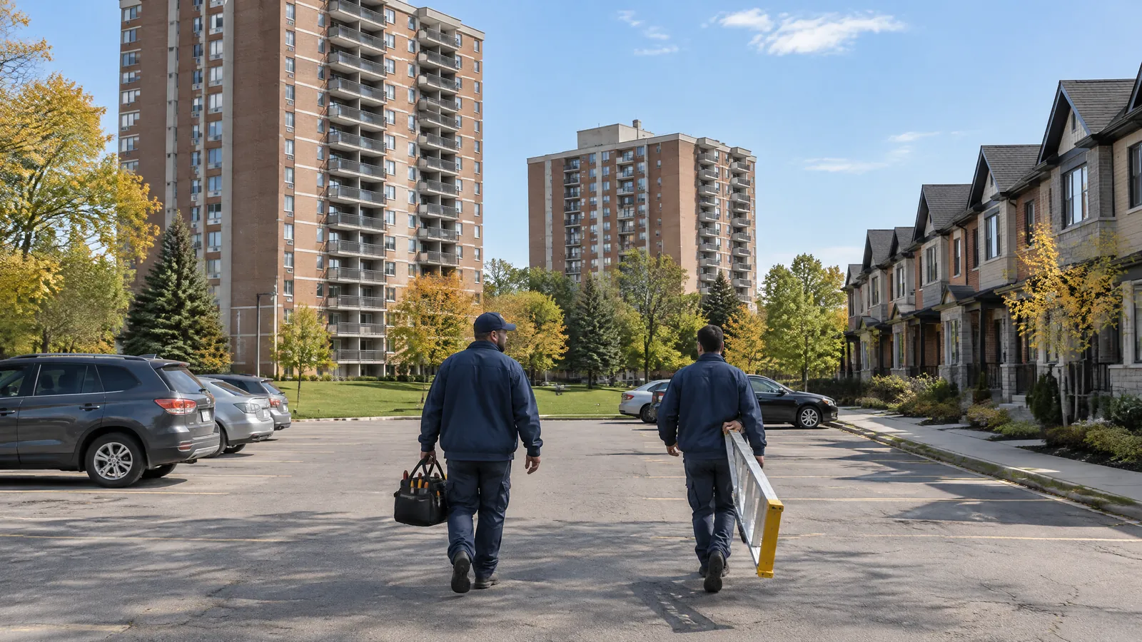Two maintenance technicians cross the parking lot of a rental apartment tower in Peel Region
