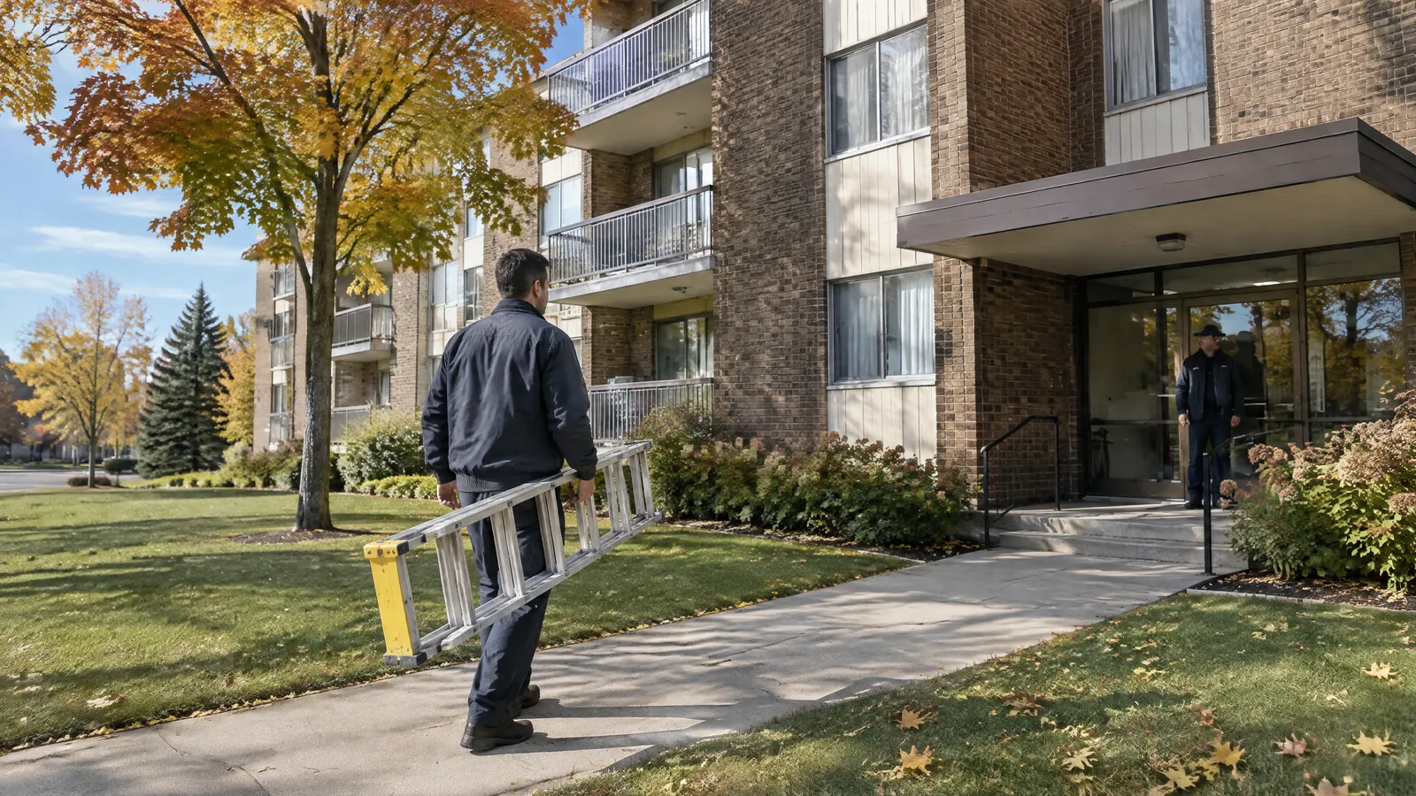 A maintenance technician carries a ladder to a mid rise rental apartment building in Pickering