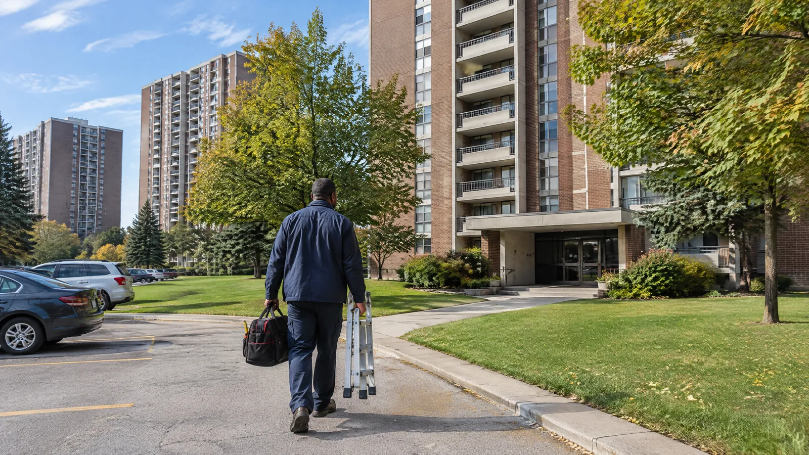 A maintenance technician with a tool bag and ladder walks toward a rental apartment tower in Scarborough, Toronto