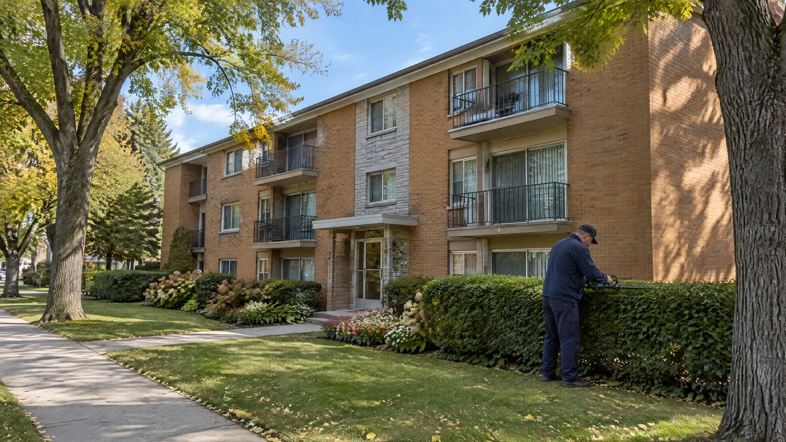 A maintenance technician trims the hedge in front of a rental apartment building in St. Catharines
