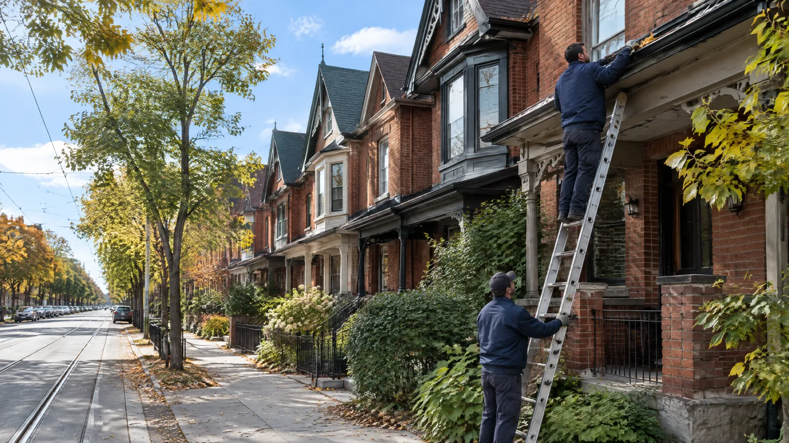 A maintenance technician on a ladder clears an eavestrough on a row of Victorian brick rental houses on a leafy Toronto street