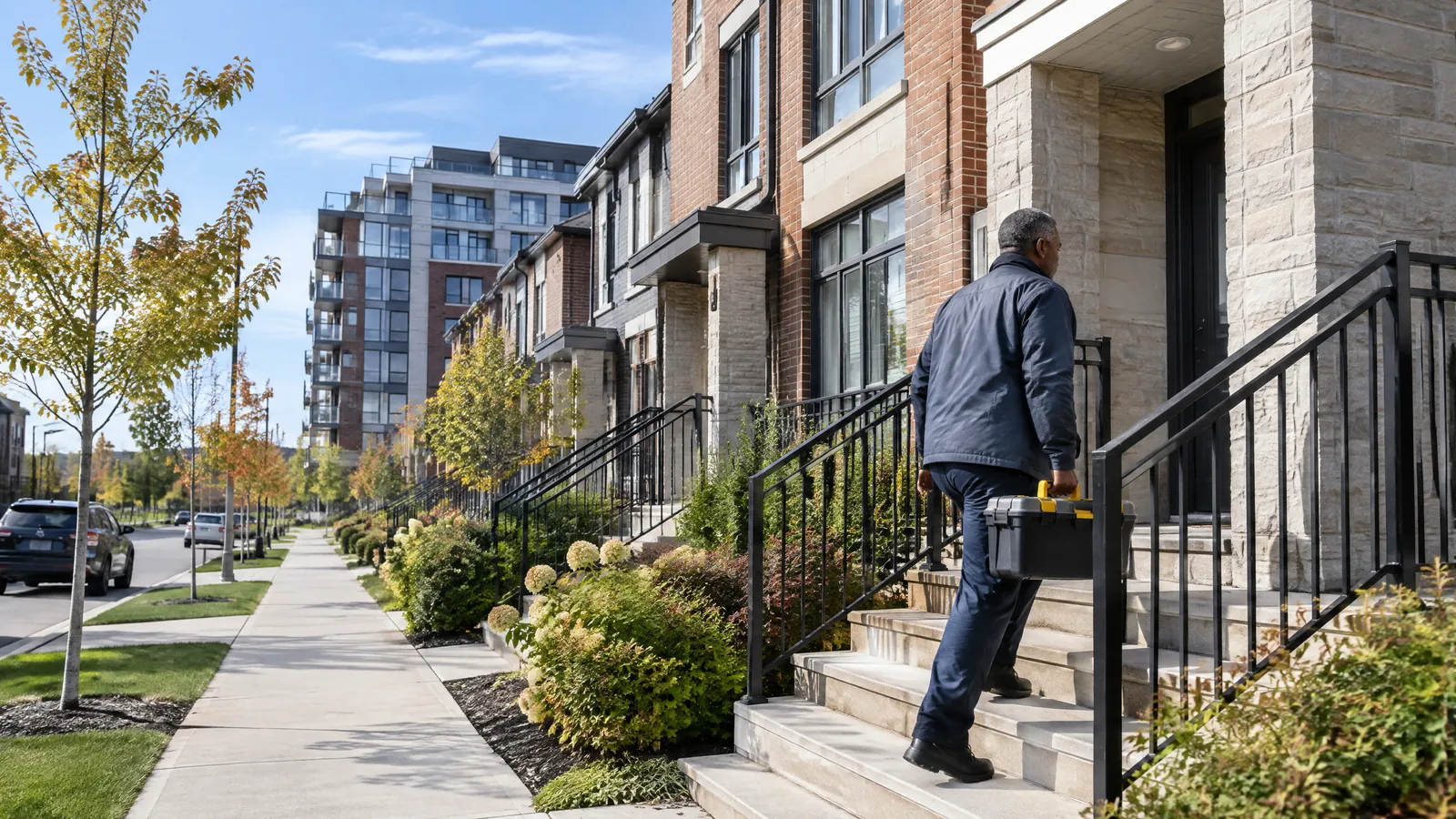 A maintenance technician carries a toolbox up the steps of a new stacked townhouse in Vaughan