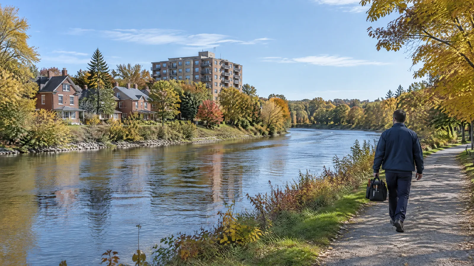 A maintenance technician walks the Grand River path past older houses and an apartment building in Waterloo Region