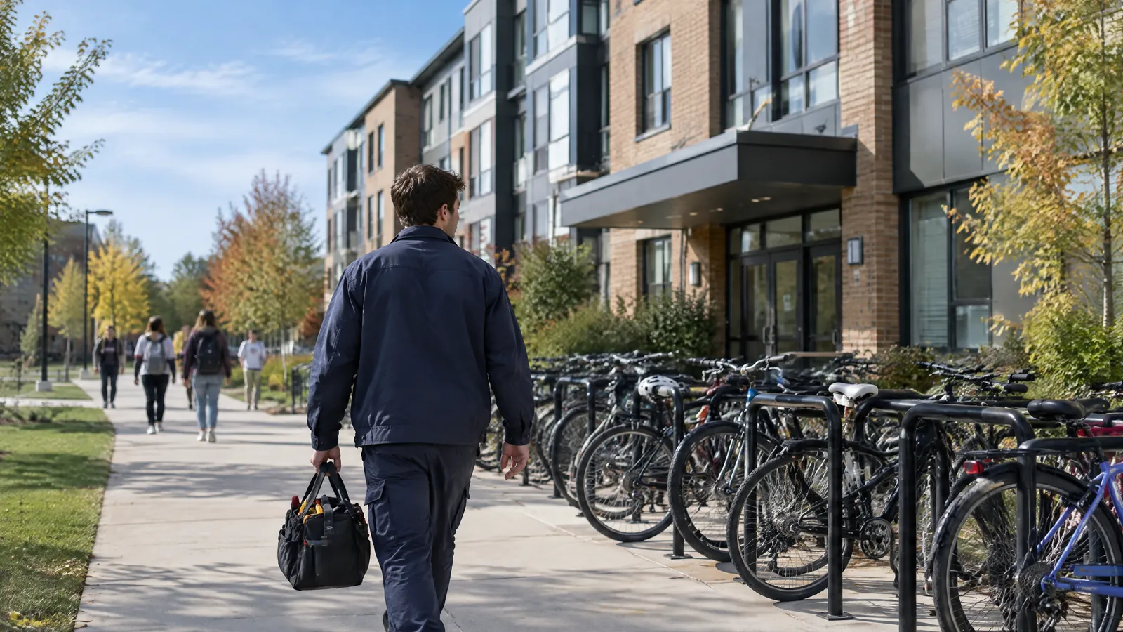 A maintenance technician walks past bike racks at a student rental apartment building in Waterloo