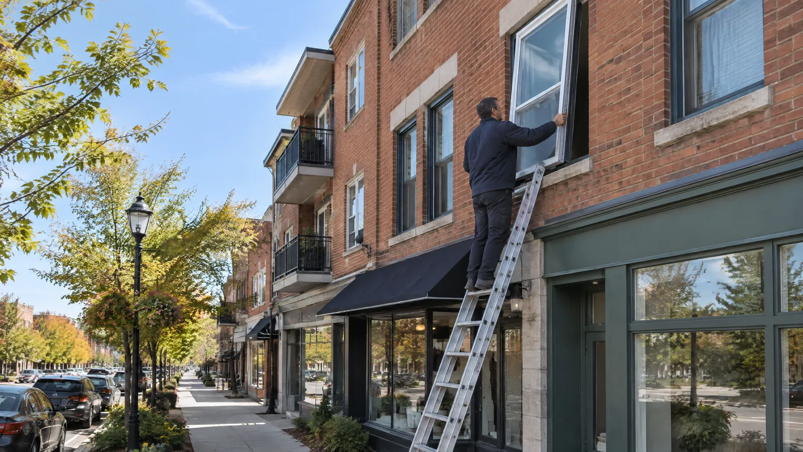 A maintenance technician on a ladder replaces a storm window above a shop in downtown Whitby