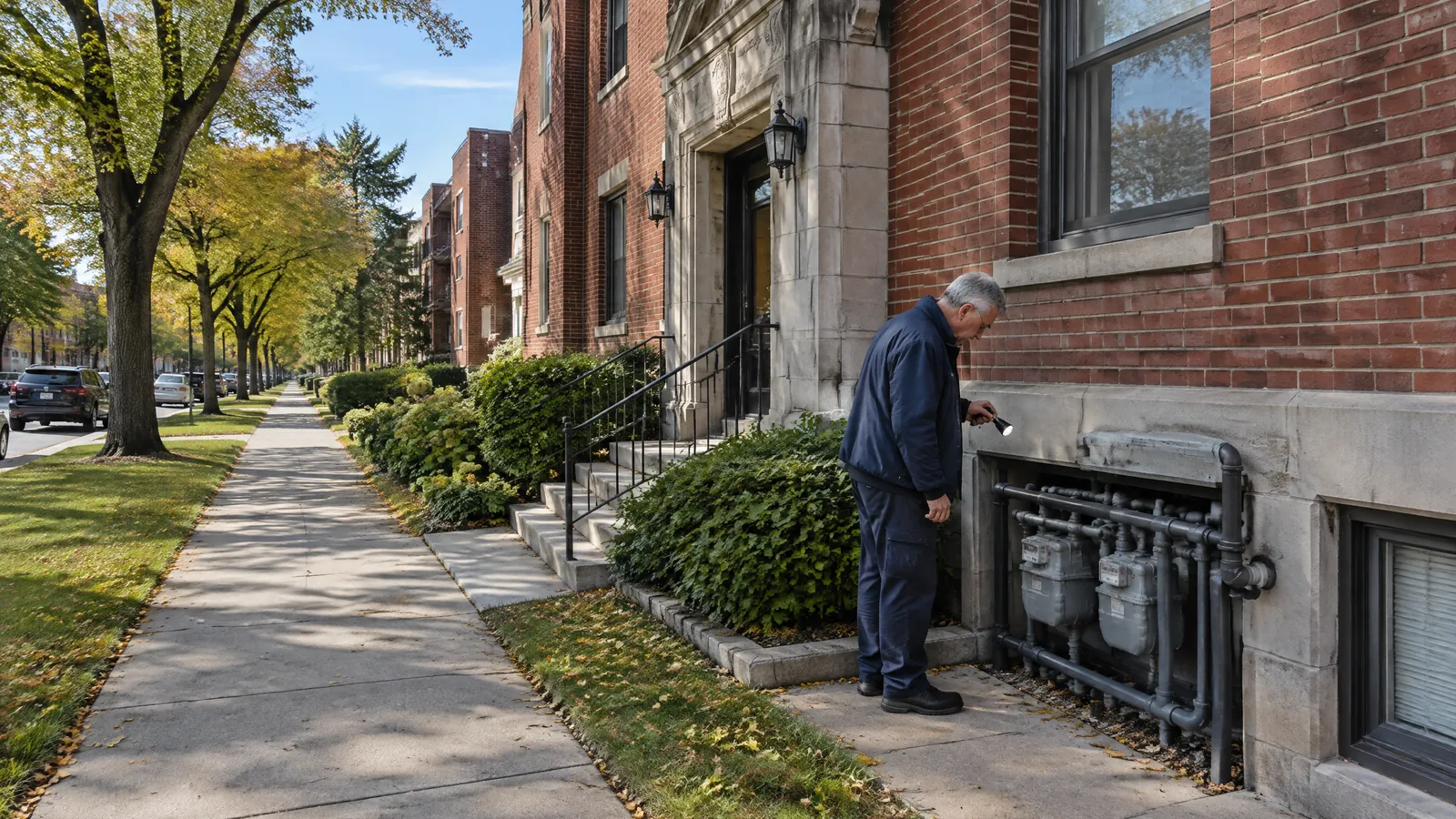 A maintenance technician checks the gas meters of a 1920s brick apartment building in Windsor