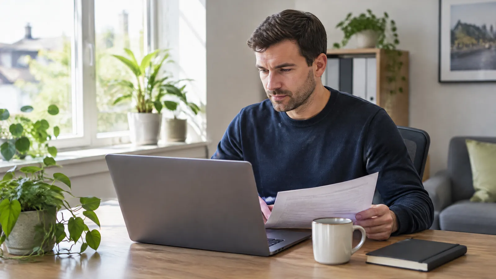 A property manager reviews an invoice on a laptop at a desk in a bright office
