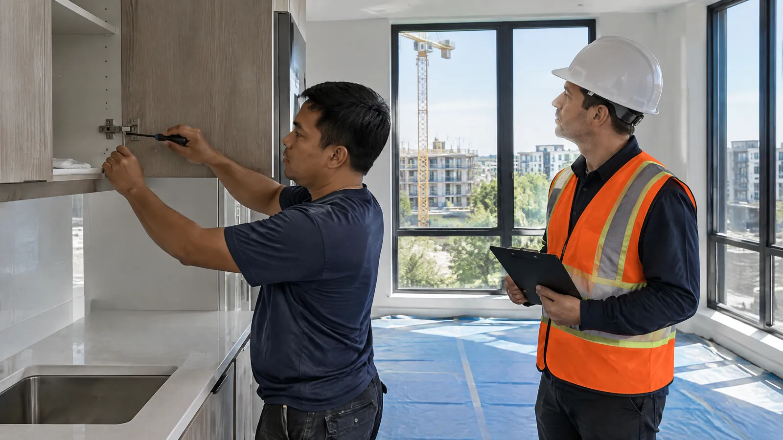 A technician adjusts a cabinet door in a new Toronto condo unit while a site supervisor in a hard hat looks on