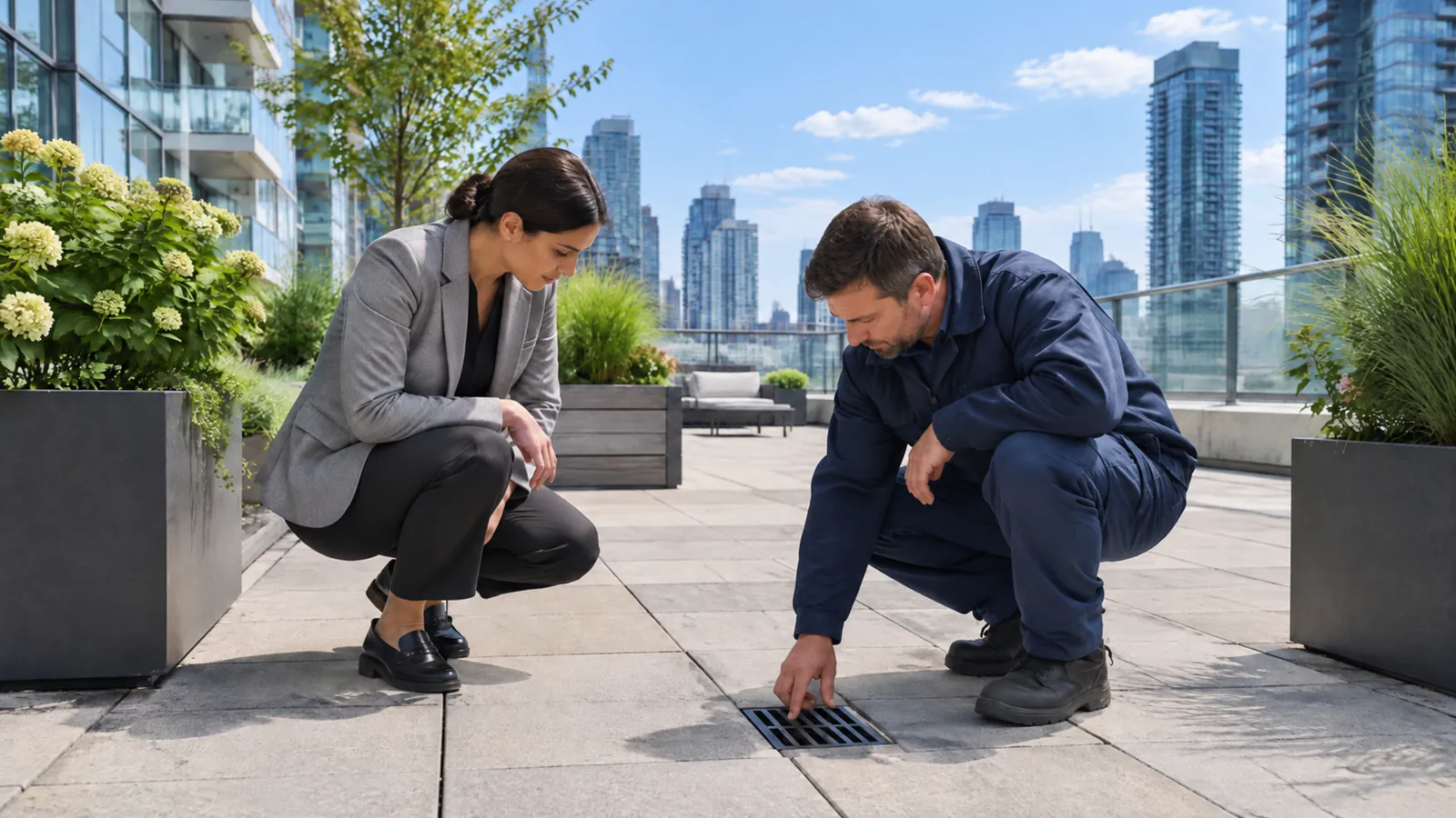 A condominium manager and a technician inspect a terrace drain on the rooftop amenity terrace of a Toronto condo
