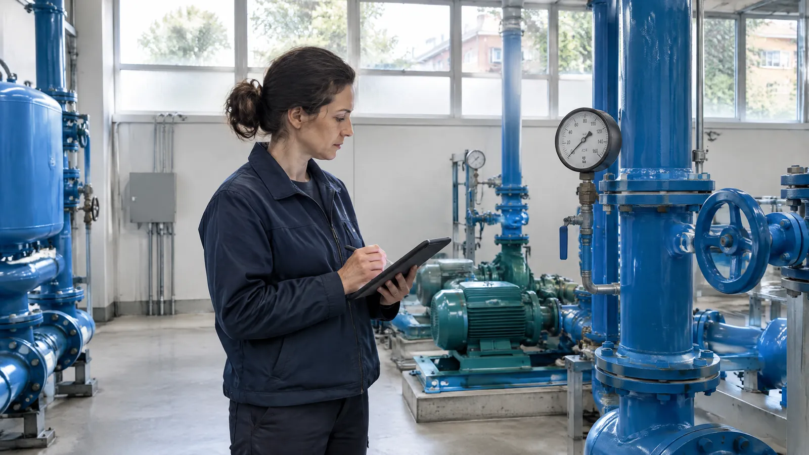 A technician reads a pressure gauge and logs it on a tablet in a clean commercial mechanical room