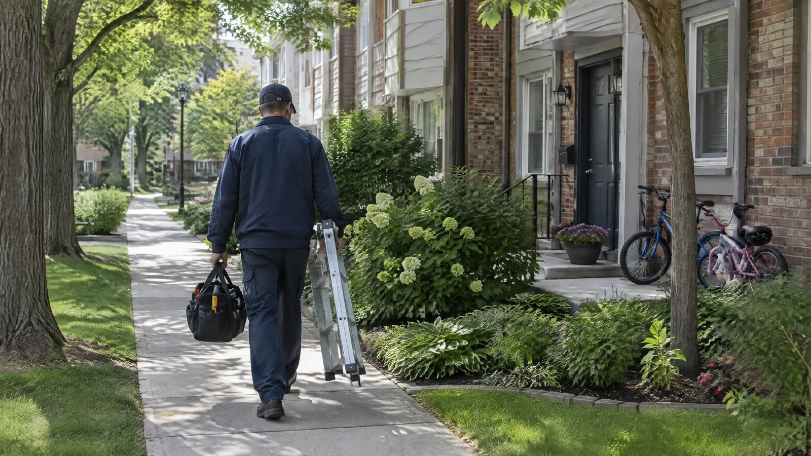 A maintenance technician with a tool bag and step ladder walks through a well kept Toronto community housing townhouse complex