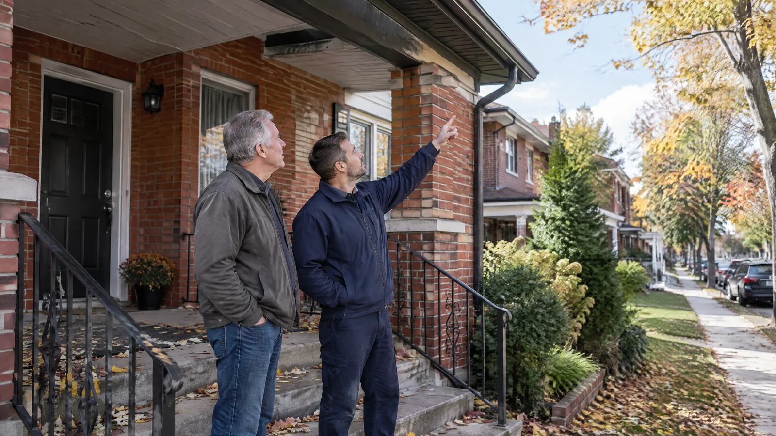 A landlord and a technician on the porch of a Toronto brick house split into rental units, the technician pointing at the eavestrough
