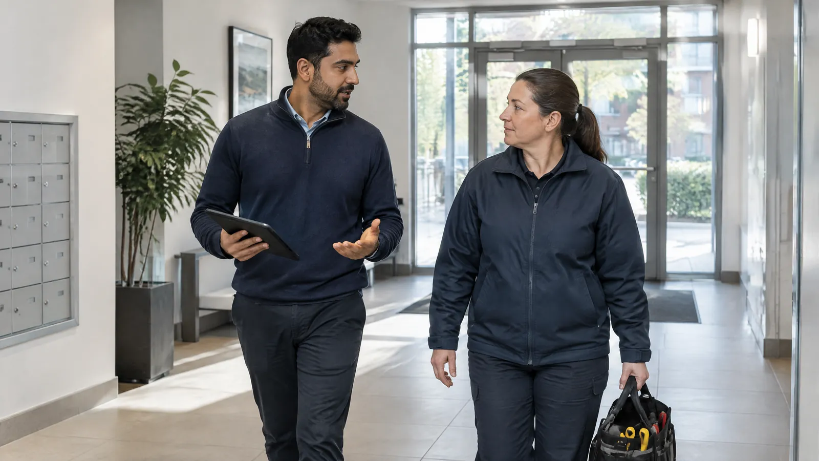 A property manager with a tablet talks with a maintenance technician in the sunny lobby of a Toronto rental building
