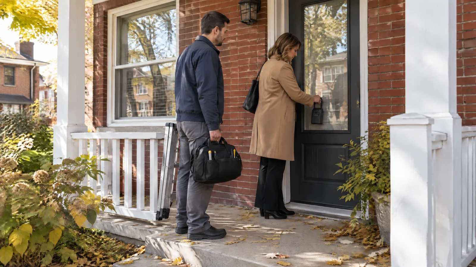 A real estate agent opens a key lockbox at the front door of a red brick Toronto duplex while a maintenance technician waits on the porch with a tool bag and step ladder
