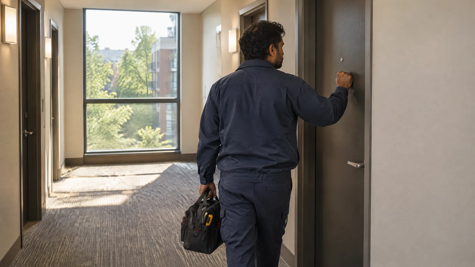 A maintenance technician with a tool bag knocks on an apartment door in a sunny corridor