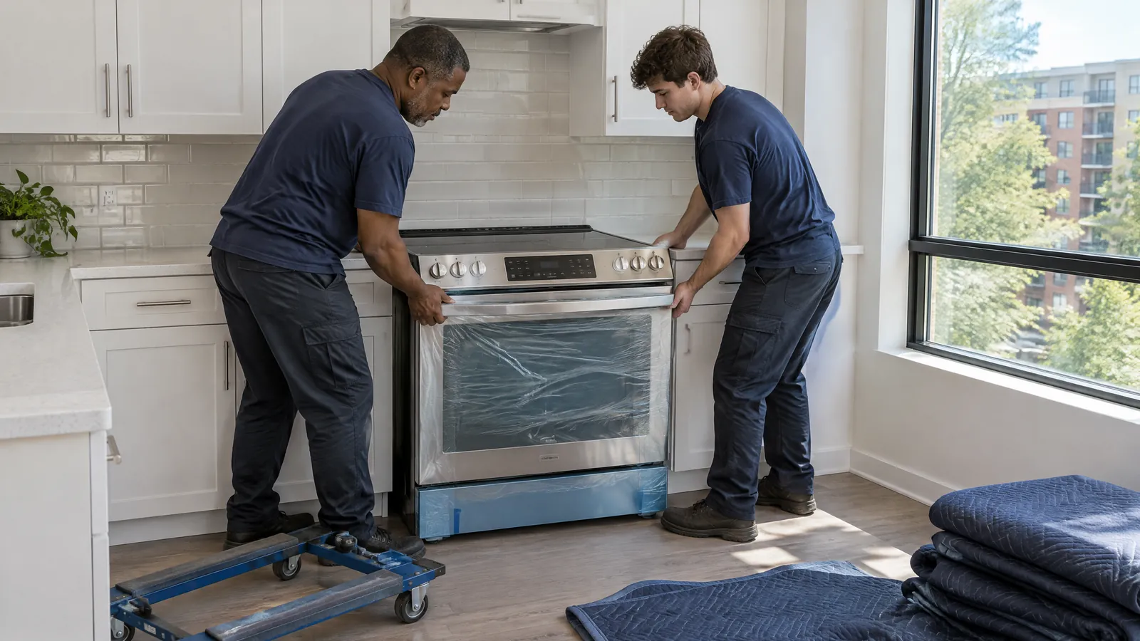 Two technicians slide a new stainless steel range into place in a bright Toronto condo kitchen, moving blankets on the floor