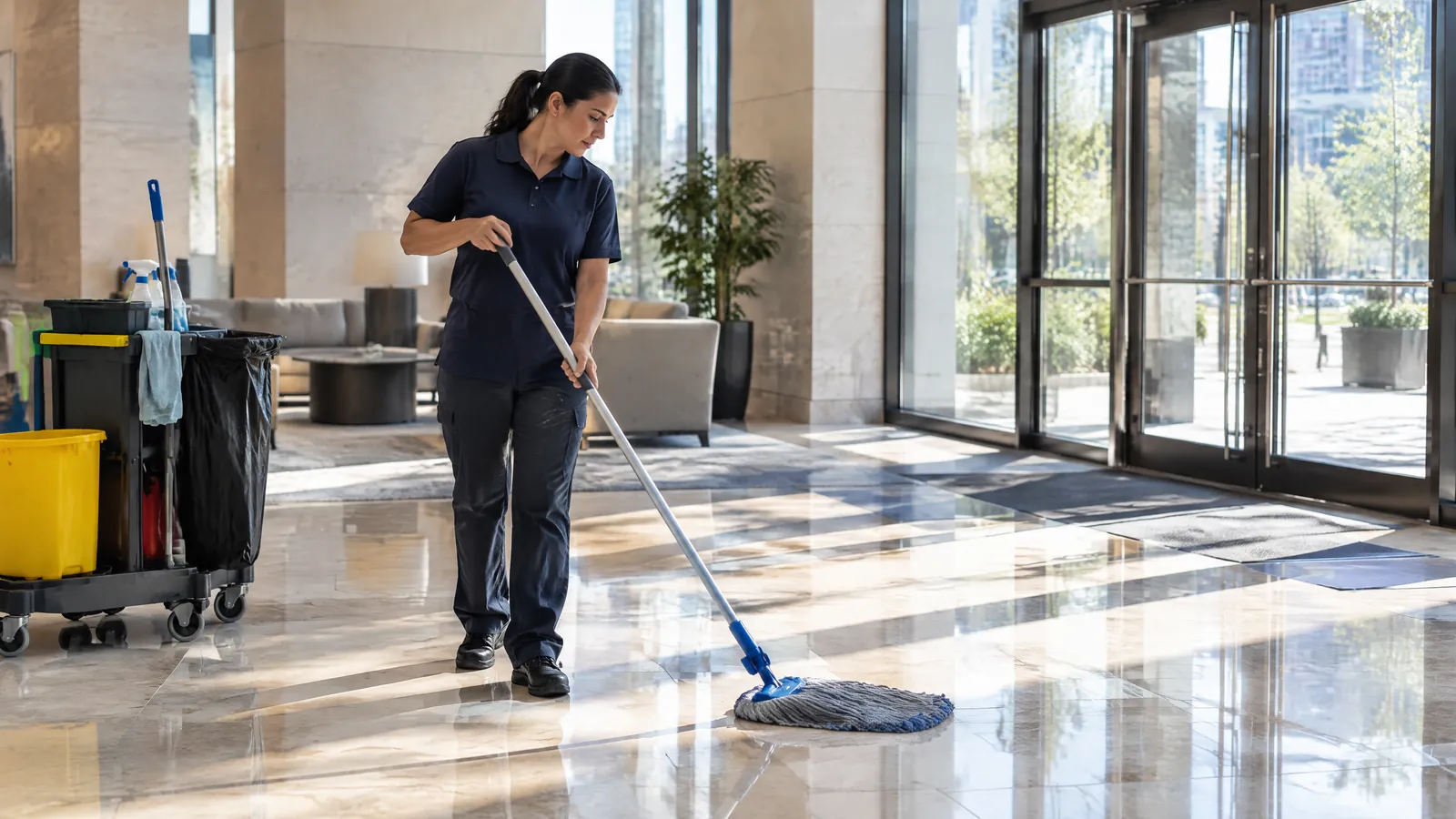 A cleaner mops the polished stone floor of a sunny Toronto condo lobby beside a cleaning cart