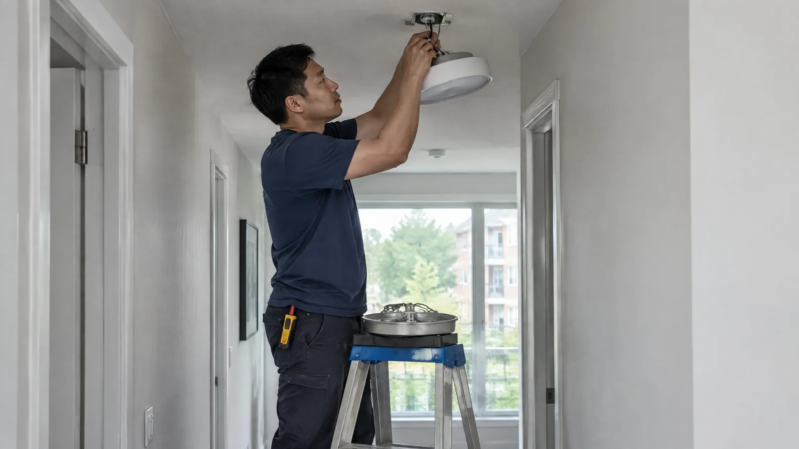 An electrician on a step ladder fits a new ceiling light in a bright condo hallway