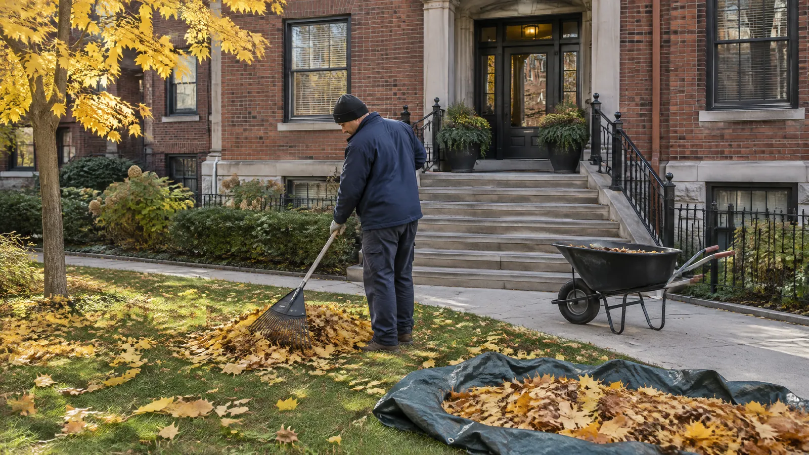 A groundskeeper rakes autumn maple leaves in front of a Toronto brick walk up apartment building