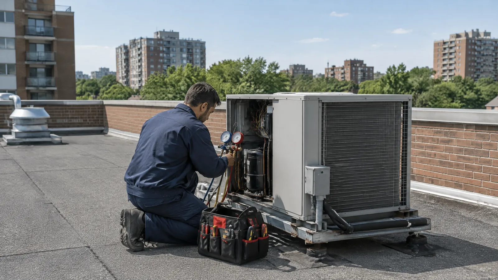 An HVAC technician services a rooftop air conditioning unit on a Toronto mid rise apartment building on a sunny day