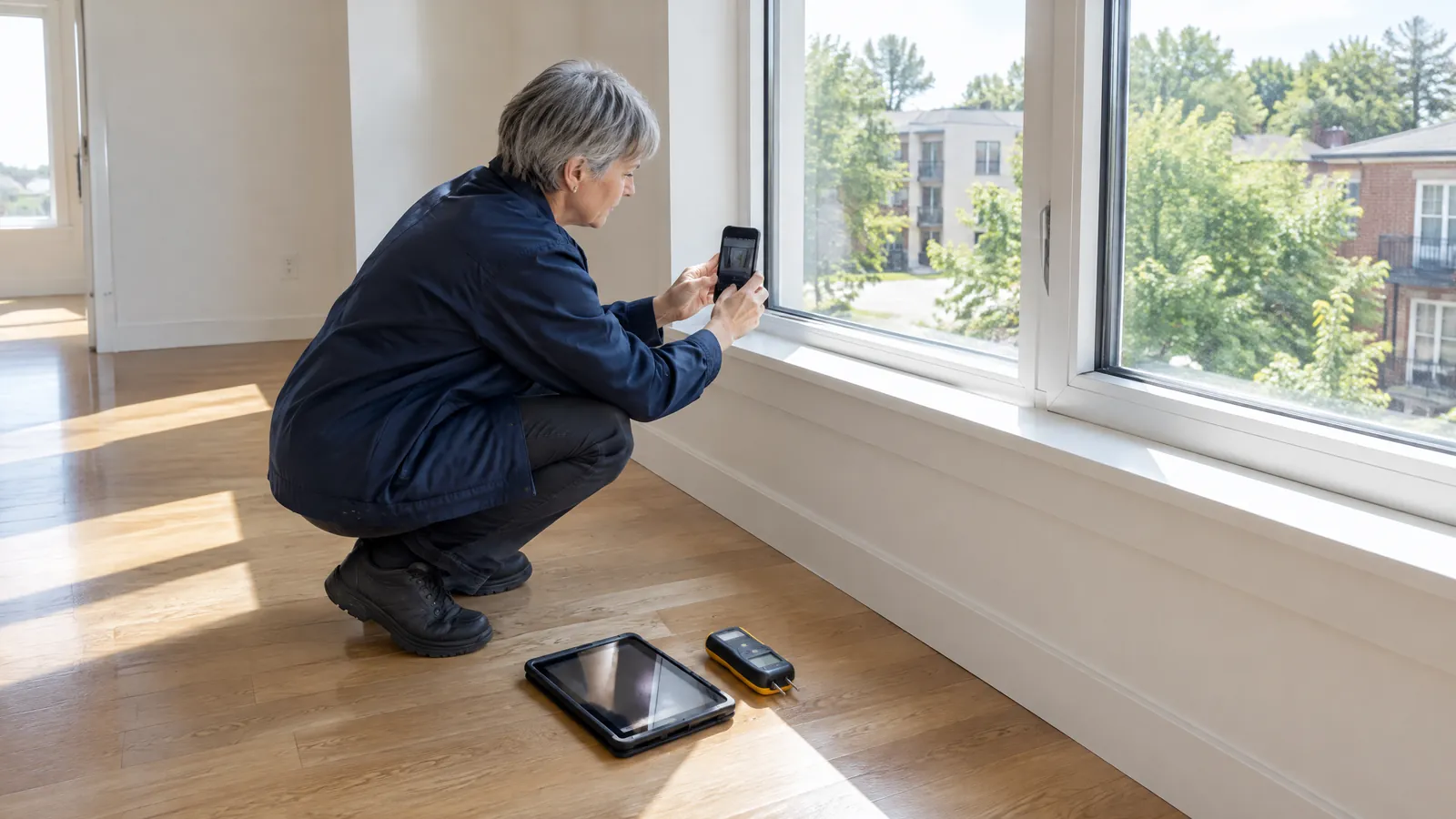 An inspector in navy crouches by the window of an empty, sunny apartment on move-in day and photographs the sill for the condition record