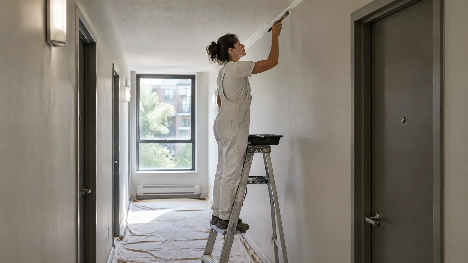 A painter on a step ladder cuts in a clean line at the ceiling of a rental building corridor, a drop cloth below