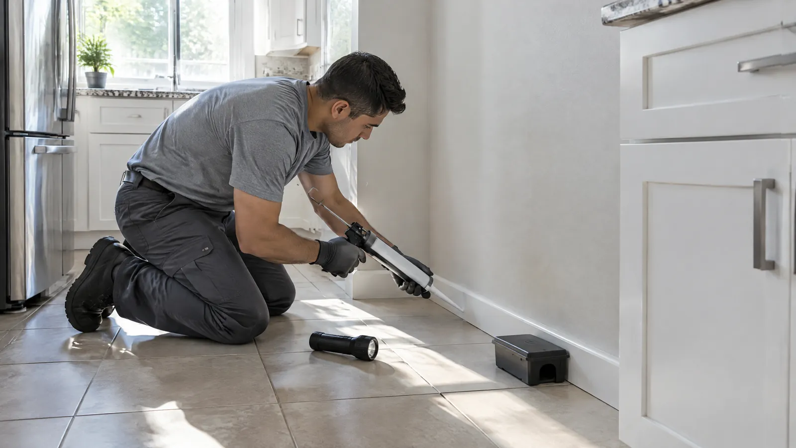 A pest control technician seals a gap behind a kitchen baseboard with a caulking gun, a bait station against the wall
