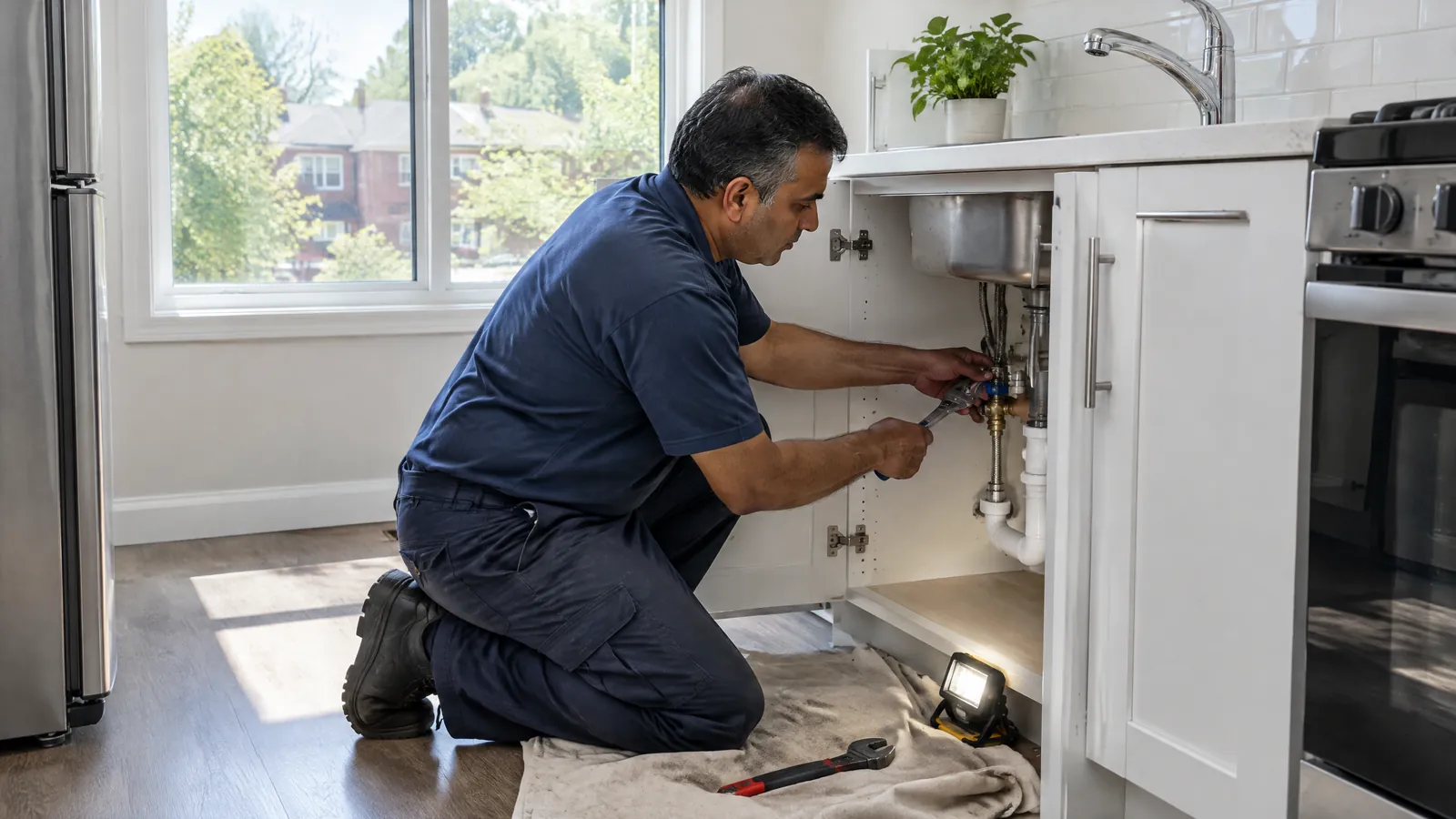 A technician in navy kneels at an open sink cabinet in a sunny Toronto condo kitchen, fitting a new shutoff valve with a wrench